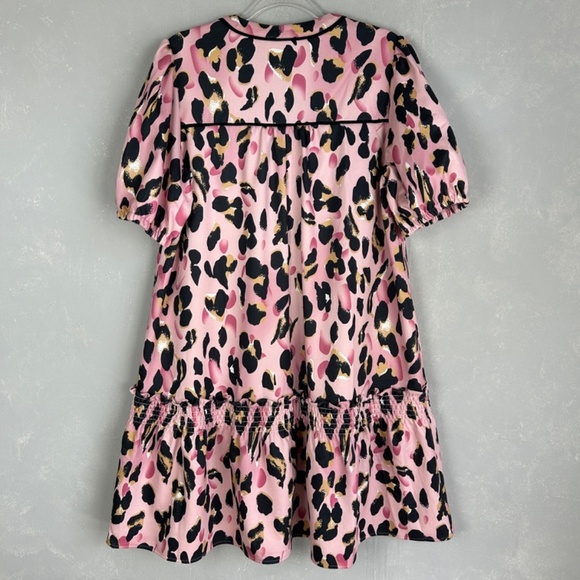 VOY size L pink leopard drop waist ruffle dress short puff sleeve button front - Picture 7 of 12